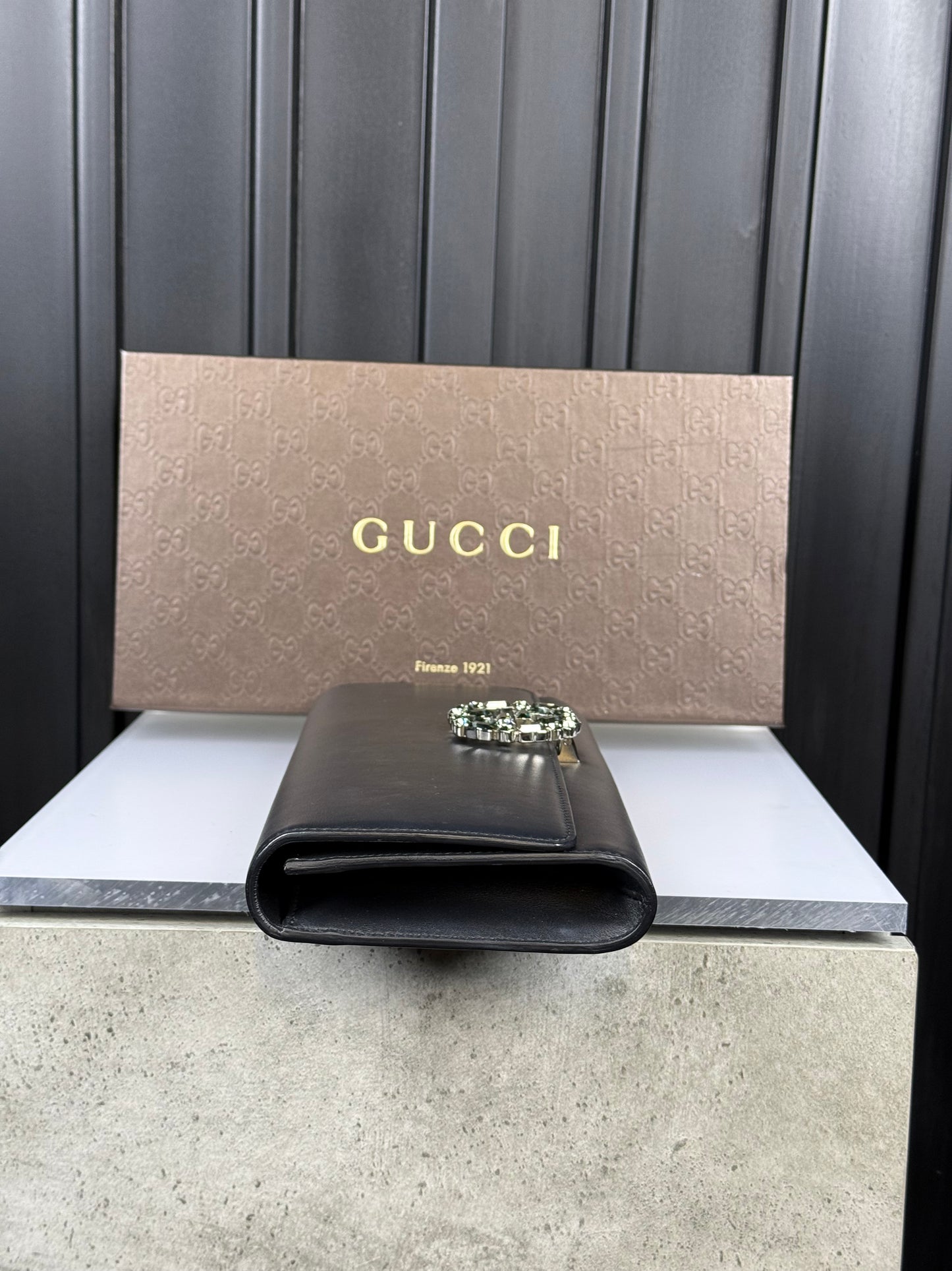 GUCCI Swarovski crystal logo clutch