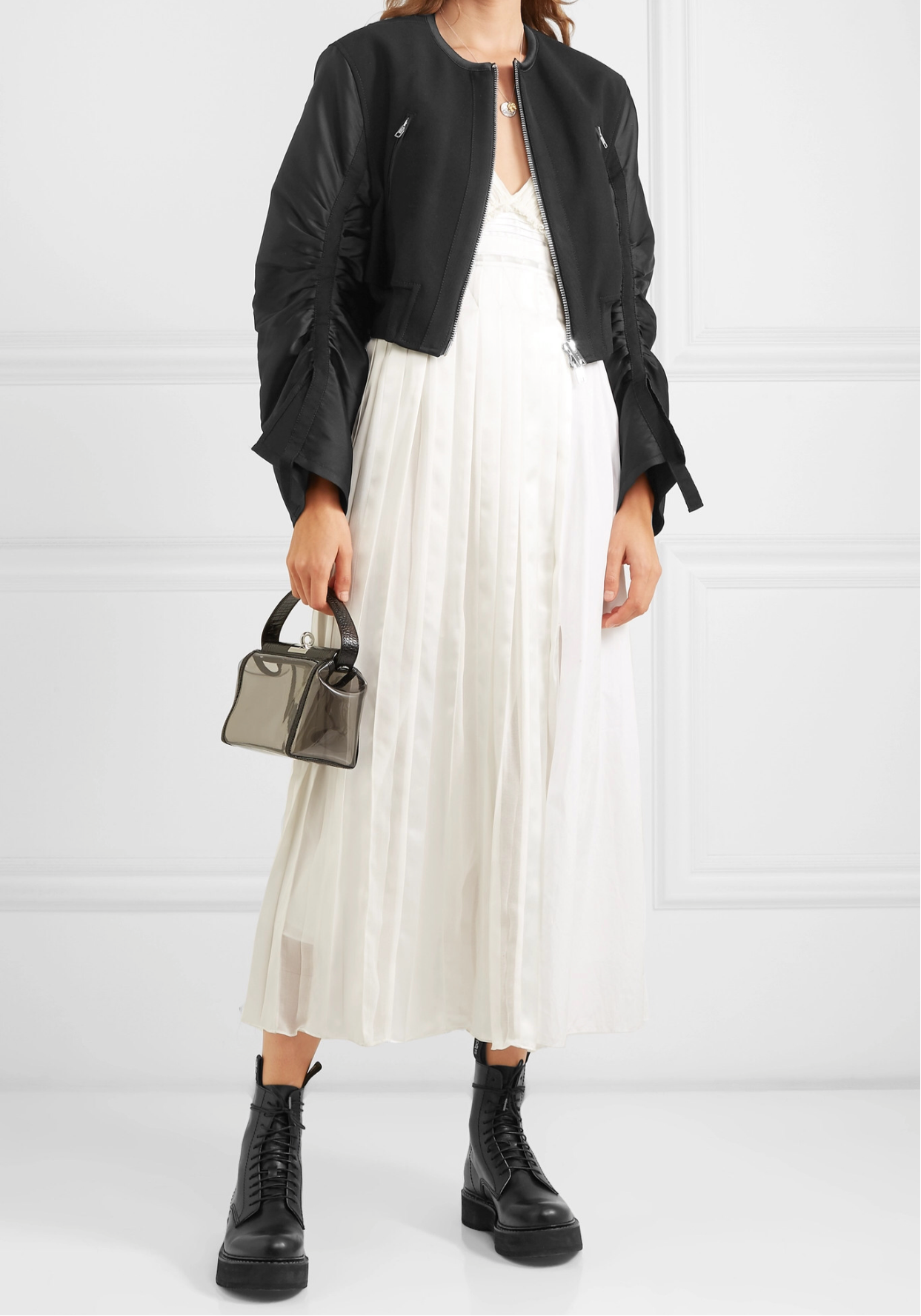 3.1 PHILLIP LIM cropped shirred crepe & taffeta bomber jacket size US6 (UK10)