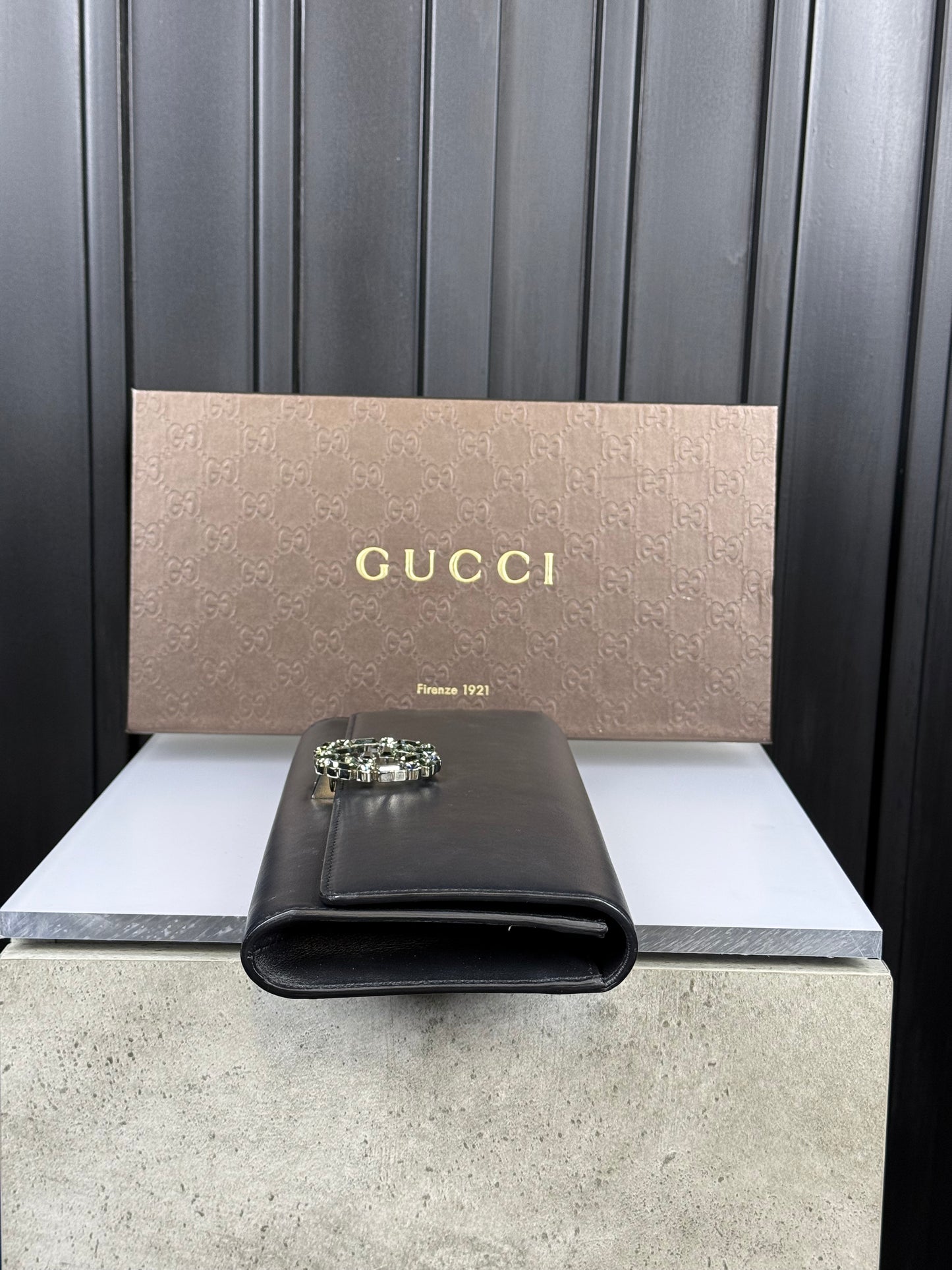 GUCCI Swarovski crystal logo clutch