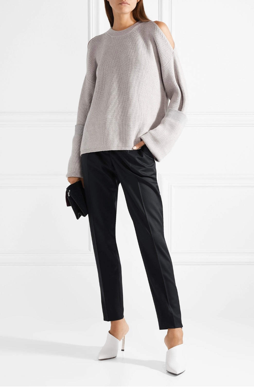 STELLA McCARTNEY cold-shoulder ribbed-knit wool jumper in light grey - IT42 / UK10
