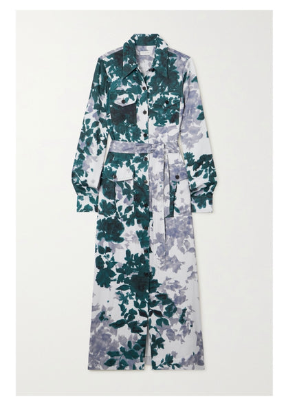 DRIES VAN NOTEN belted floral-print satin midi shirt dress - FR36 / UK8-10
