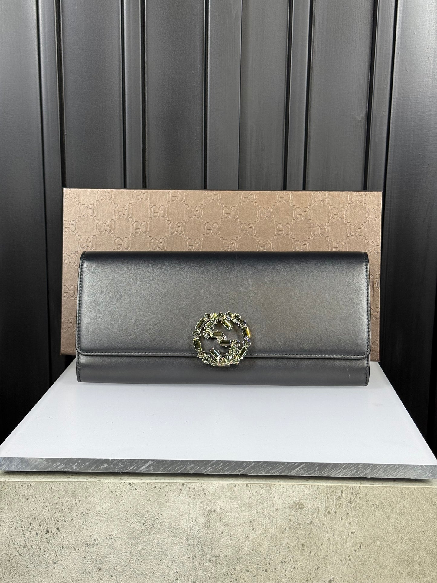 GUCCI Swarovski crystal logo clutch