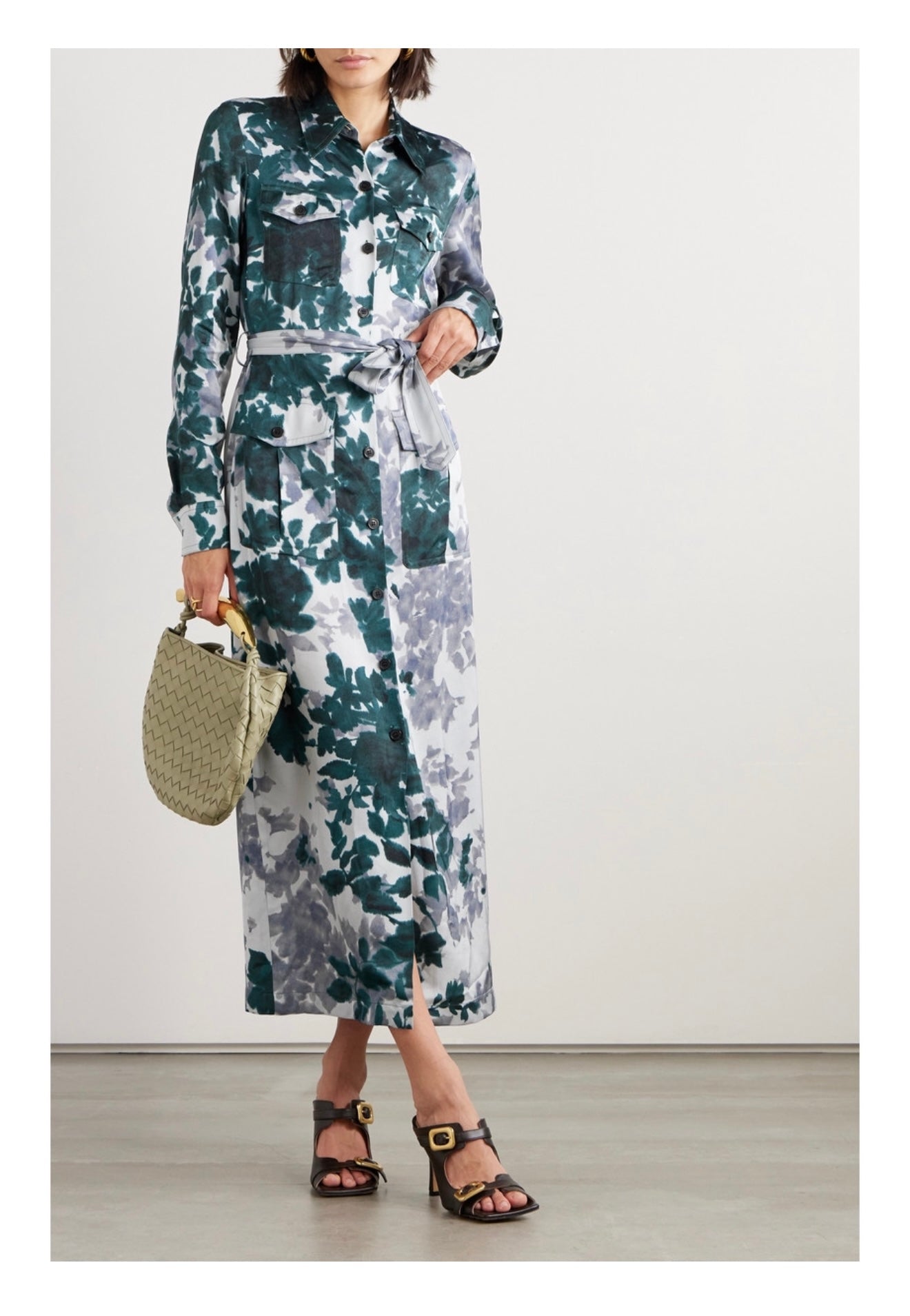 DRIES VAN NOTEN belted floral-print satin midi shirt dress - FR36 / UK8-10