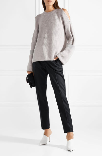 STELLA McCARTNEY cold-shoulder ribbed-knit wool jumper in light grey - IT42 / UK10